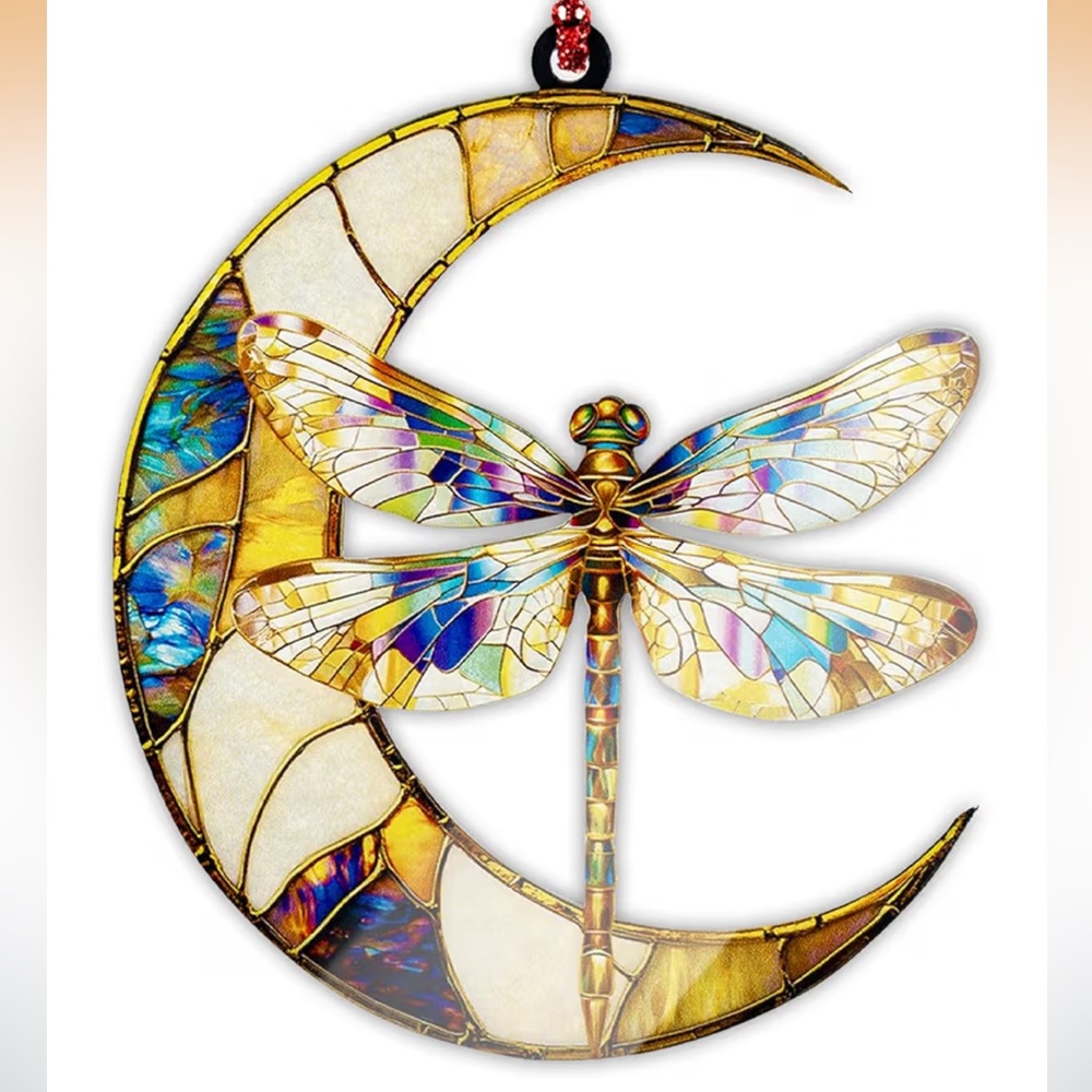 Stained Glass look Dragonfly and Crescent Moon Suncatcher